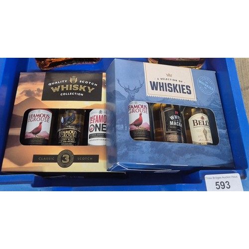 593 - Tray of spirit bottlings; Bell's 70cl whisky, three 350ml of Famous Grouse, The Glen Allachie Speysi... 