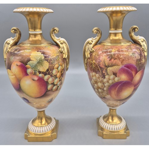 212 - Pair of Royal Worcester double handled ovoid vases, hand painted with Fruit and leaves to include pe... 