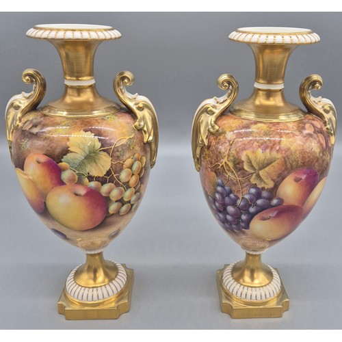 212 - Pair of Royal Worcester double handled ovoid vases, hand painted with Fruit and leaves to include pe... 