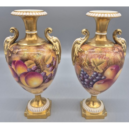 212 - Pair of Royal Worcester double handled ovoid vases, hand painted with Fruit and leaves to include pe... 