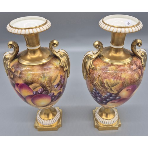 212 - Pair of Royal Worcester double handled ovoid vases, hand painted with Fruit and leaves to include pe... 