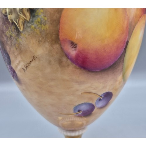212 - Pair of Royal Worcester double handled ovoid vases, hand painted with Fruit and leaves to include pe... 