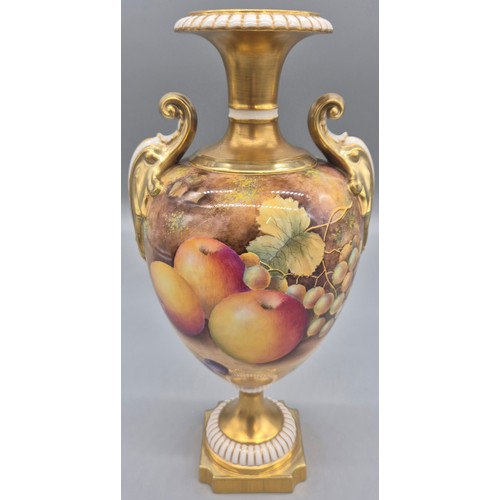 212 - Pair of Royal Worcester double handled ovoid vases, hand painted with Fruit and leaves to include pe... 