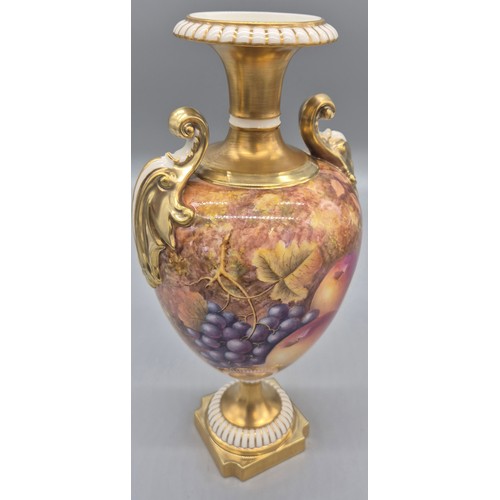 212 - Pair of Royal Worcester double handled ovoid vases, hand painted with Fruit and leaves to include pe... 