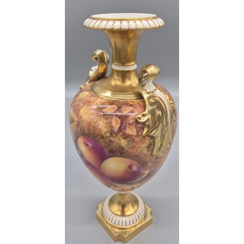 212 - Pair of Royal Worcester double handled ovoid vases, hand painted with Fruit and leaves to include pe... 