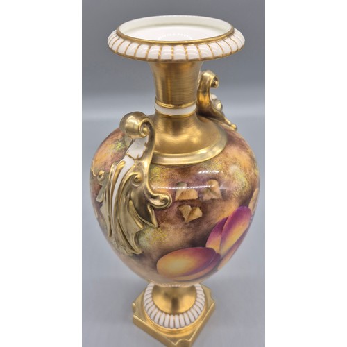 212 - Pair of Royal Worcester double handled ovoid vases, hand painted with Fruit and leaves to include pe... 