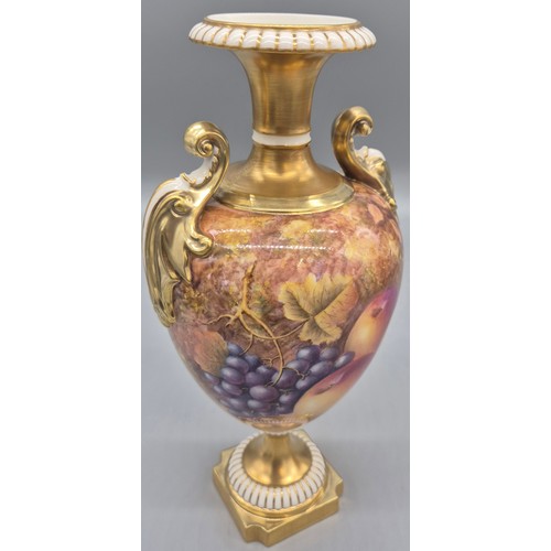 212 - Pair of Royal Worcester double handled ovoid vases, hand painted with Fruit and leaves to include pe... 