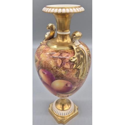 212 - Pair of Royal Worcester double handled ovoid vases, hand painted with Fruit and leaves to include pe... 