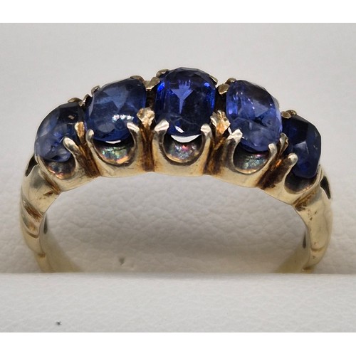 7 - Antique 9ct yellow gold five stone Sapphire gem stone ring. 2.67Grams. Ring size H. Comes with antiq... 