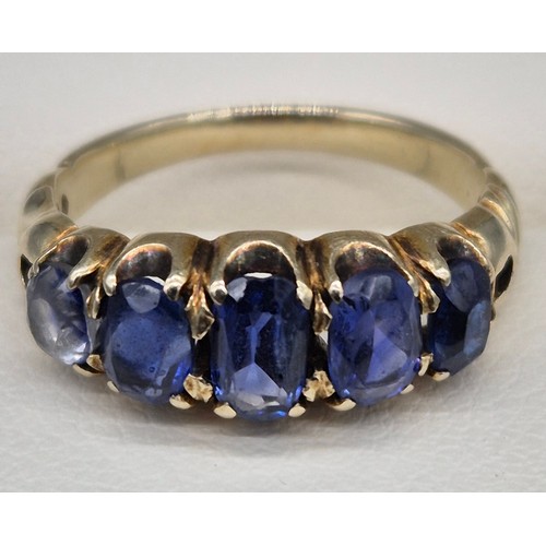 7 - Antique 9ct yellow gold five stone Sapphire gem stone ring. 2.67Grams. Ring size H. Comes with antiq... 