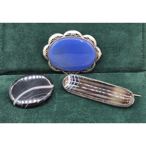 5 - Three antique agate brooches; Large blue/ purple agate and Birmingham silver brooch and two Victoria... 