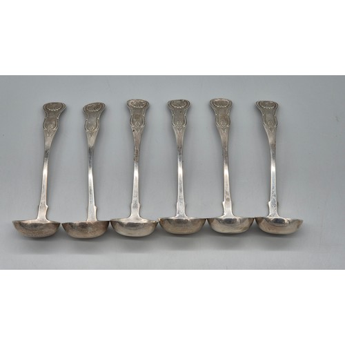 9 - Set of six George IV Scottish silver toddy ladles, R&T, Glasgow 1826. Fiddle, thread & shell pattern... 