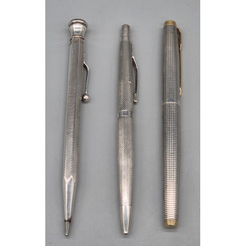 4 - Three Vintage Sterling silver pens; Sterling silver Parker fountain pen fitted with a 14ct gold nib,... 