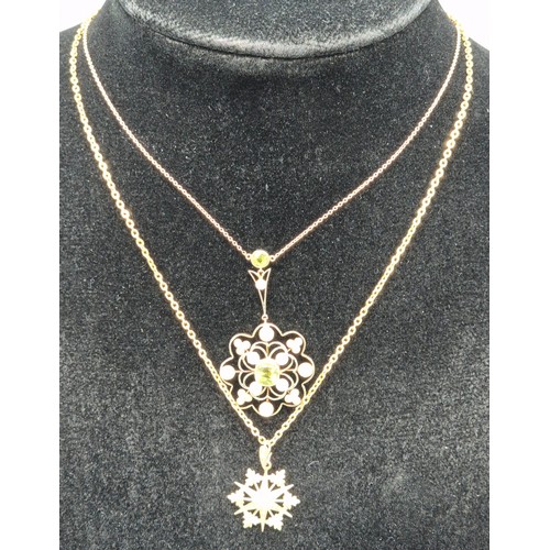 6 - Two gold Edwardian pendants; 9ct gold, seed pearl and green stone pendant with attached 9ct gold cha... 