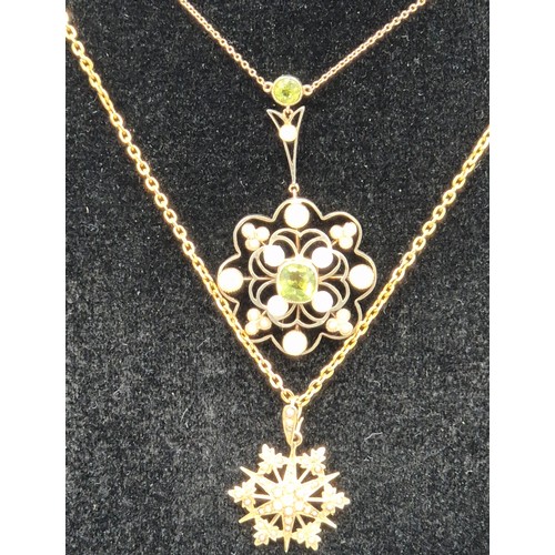6 - Two gold Edwardian pendants; 9ct gold, seed pearl and green stone pendant with attached 9ct gold cha... 