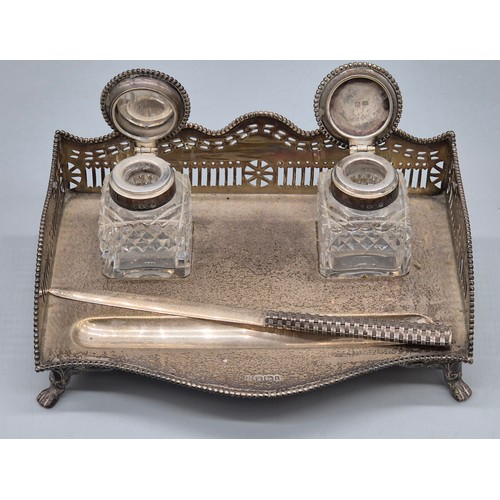 16 - Sheffield Silver double ink well stand, two Sheffield silver and cut crystal ink pots and London Exp... 