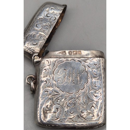 14 - A Collection of seven antique Birmingham silver ornate vesta cases. 167grams.