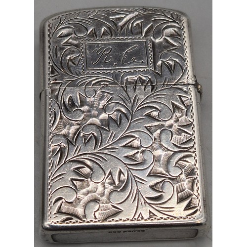 28 - A Collection of 5 various antique lighters; Silver 950 cased and engraved lighter. Cartouche engrave... 