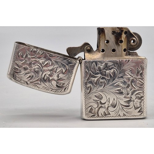 28 - A Collection of 5 various antique lighters; Silver 950 cased and engraved lighter. Cartouche engrave... 