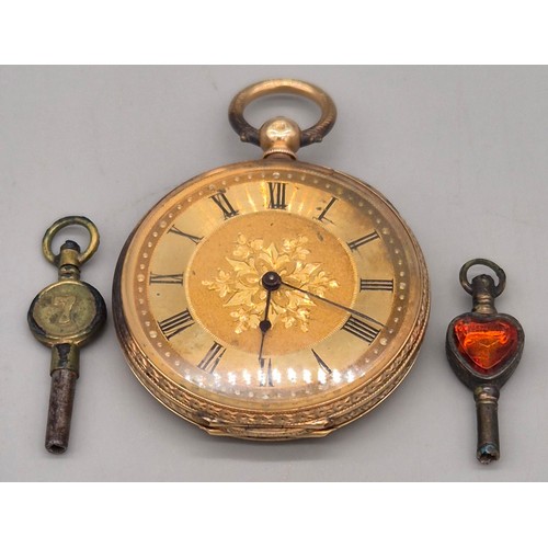 37 - Antique 14ct yellow gold pocket watch. Produced by D F & Co. 53.19grams. Comes with two keys. Runs f... 