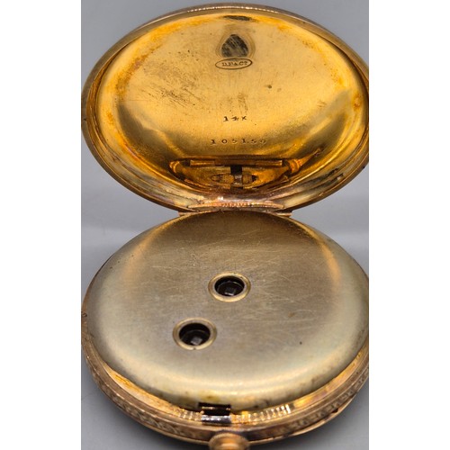 37 - Antique 14ct yellow gold pocket watch. Produced by D F & Co. 53.19grams. Comes with two keys. Runs f... 