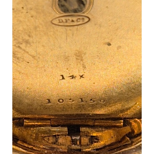 37 - Antique 14ct yellow gold pocket watch. Produced by D F & Co. 53.19grams. Comes with two keys. Runs f... 