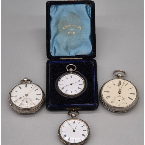 52 - A Lot of four Silver pocket watches; Two Chester silver pocket watch, Birmingham fob pocket watch an... 