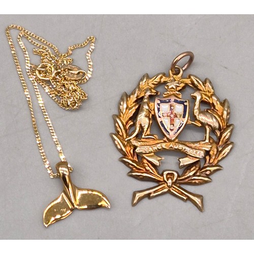 46 - 9ct yellow gold and enamel fob medal and 9ct gold whale tail pendant and chain. 4.63grams.