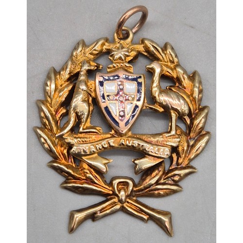 46 - 9ct yellow gold and enamel fob medal and 9ct gold whale tail pendant and chain. 4.63grams.
