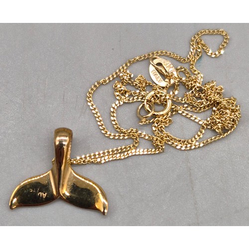 46 - 9ct yellow gold and enamel fob medal and 9ct gold whale tail pendant and chain. 4.63grams.
