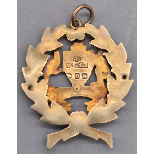 46 - 9ct yellow gold and enamel fob medal and 9ct gold whale tail pendant and chain. 4.63grams.