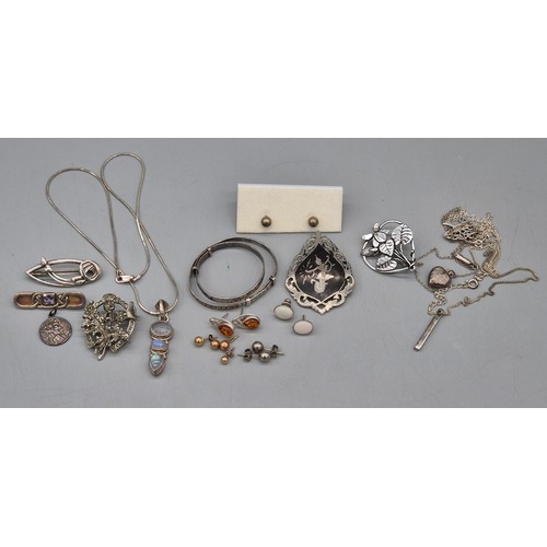 53 - A Collection of silver jewellery and gold stud earrings. Ola M Gorie silver Mackintosh rose brooch, ... 