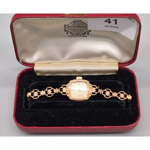 41 - 9ct yellow gold Majex 17 jewel ladies cocktail watch with 9ct gold strap. Comes with Edinburgh watch... 