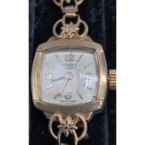 41 - 9ct yellow gold Majex 17 jewel ladies cocktail watch with 9ct gold strap. Comes with Edinburgh watch... 