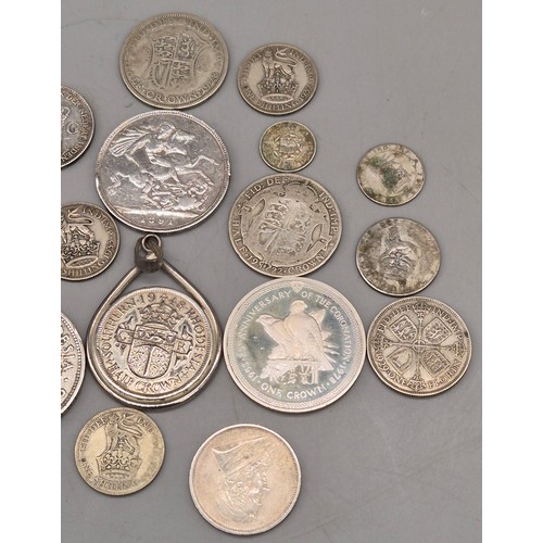 34 - A Collection of silver British coins and Silver proof coin; 1891 Queen Victoria Crown. Isle of Man S... 