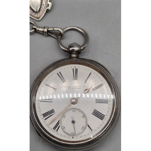 27 - Antique Birmingham silver pocket watch by Stewart Dawson & Co. Liverpool. Comes with a silver albert... 