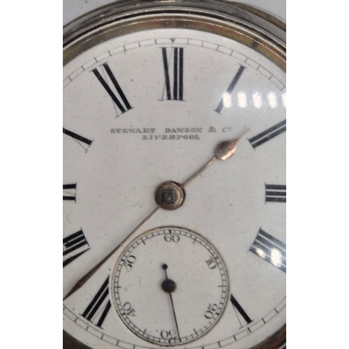 27 - Antique Birmingham silver pocket watch by Stewart Dawson & Co. Liverpool. Comes with a silver albert... 