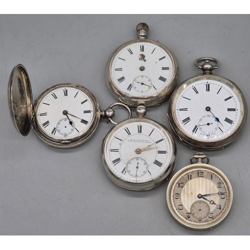 29 - A Collection of five antique pocket watches; four silver hallmarked and one other. All need attentio... 