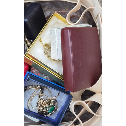 47 - Jewellery box and contents; Two 9ct metal core bangles, various costume necklaces and other items.