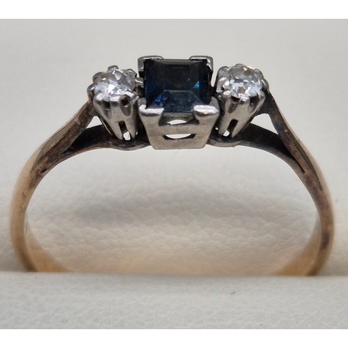 56 - 1940's 9ct yellow gold, Platinum, blue topaz and diamond stone ring. Emerald cut blue topaz centre s... 