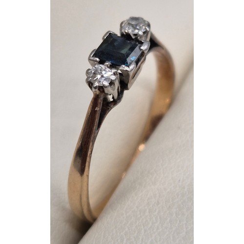56 - 1940's 9ct yellow gold, Platinum, blue topaz and diamond stone ring. Emerald cut blue topaz centre s... 