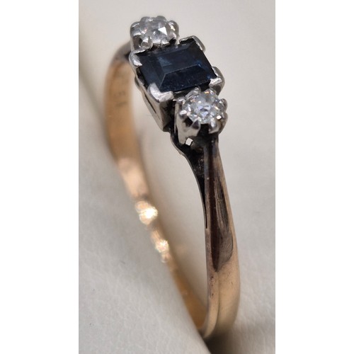 56 - 1940's 9ct yellow gold, Platinum, blue topaz and diamond stone ring. Emerald cut blue topaz centre s... 
