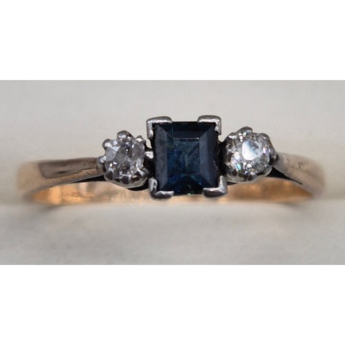 56 - 1940's 9ct yellow gold, Platinum, blue topaz and diamond stone ring. Emerald cut blue topaz centre s... 
