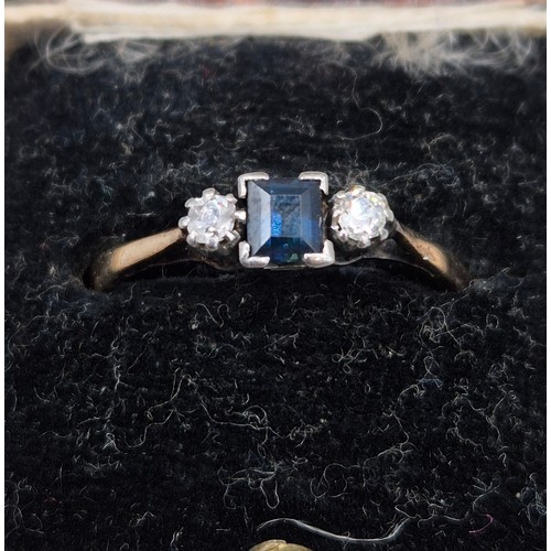56 - 1940's 9ct yellow gold, Platinum, blue topaz and diamond stone ring. Emerald cut blue topaz centre s... 