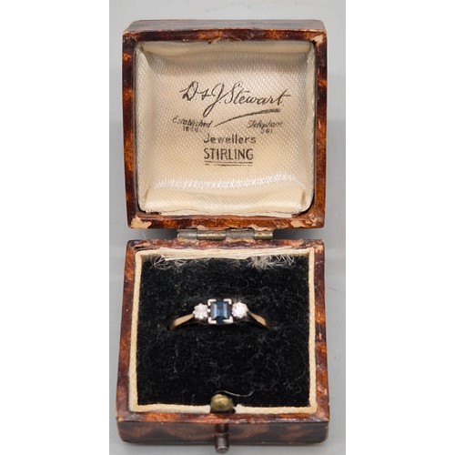 56 - 1940's 9ct yellow gold, Platinum, blue topaz and diamond stone ring. Emerald cut blue topaz centre s... 
