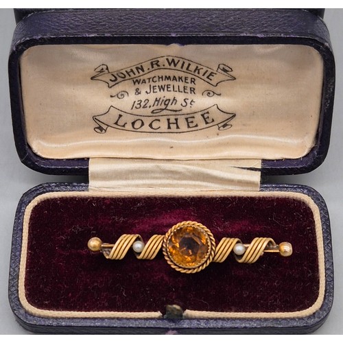 54 - Antique 15ct yellow gold, citrine and seed pearl brooch. Comes with original box- John R. Wilkie of ... 