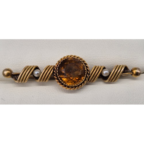 54 - Antique 15ct yellow gold, citrine and seed pearl brooch. Comes with original box- John R. Wilkie of ... 