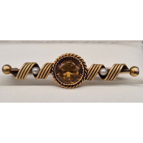 54 - Antique 15ct yellow gold, citrine and seed pearl brooch. Comes with original box- John R. Wilkie of ... 