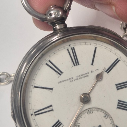 27 - Antique Birmingham silver pocket watch by Stewart Dawson & Co. Liverpool. Comes with a silver albert... 
