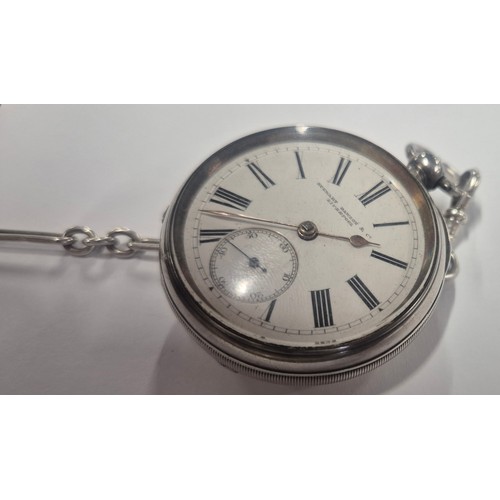 27 - Antique Birmingham silver pocket watch by Stewart Dawson & Co. Liverpool. Comes with a silver albert... 
